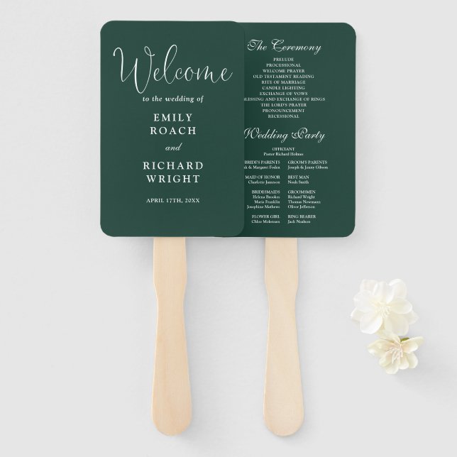 Emerald Green Elegant Script Wedding Program Hand Fan (Front and Back)
