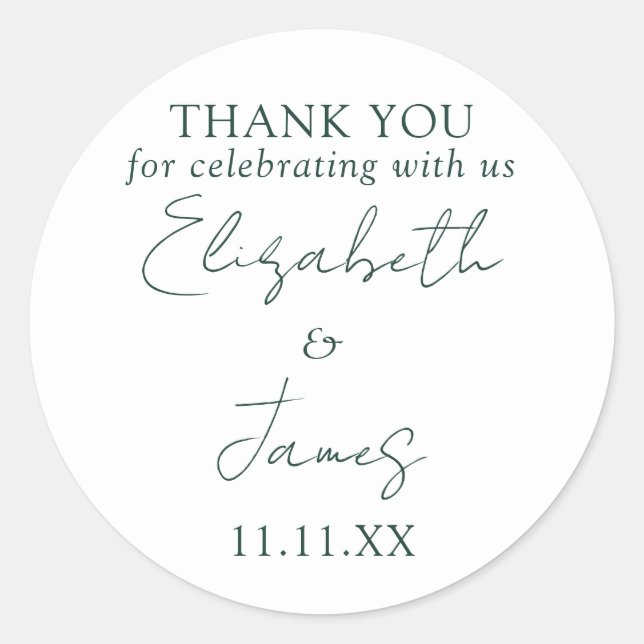 Emerald Green Elegant Script Wedding Thank You Classic Round Sticker (Front)