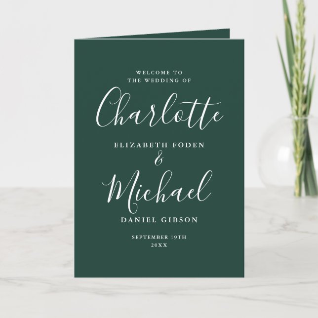 Emerald Green Elegant Signature Script Wedding Programme (Front)