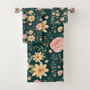 Emerald Green Elegant Vintage Wildflower Pattern  Bath Towel Set