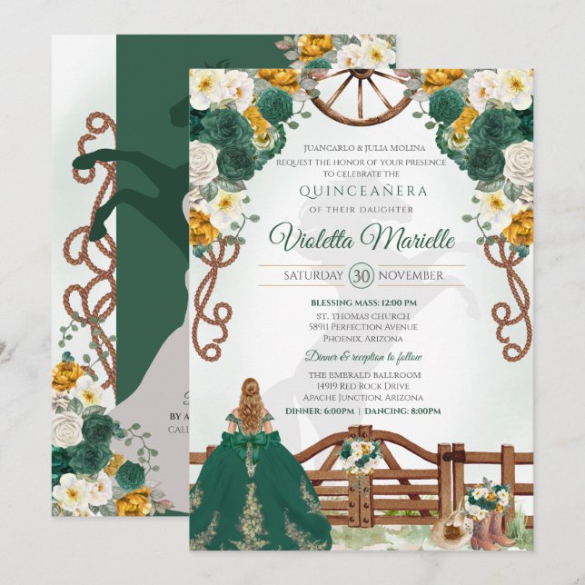 Emerald Green Elegant Western Charro Quinceanera Invitation (Front/Back)