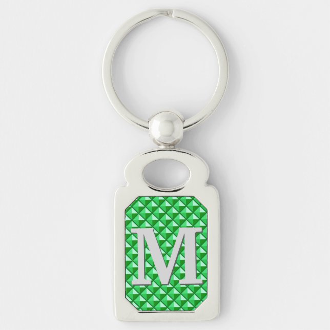 Emerald green enamel studded grid with monogram key ring (Front)