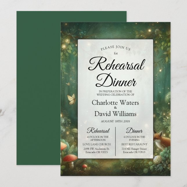 Emerald Green Enchanted Forest Rehearsal Dinner Invitation (Front/Back)