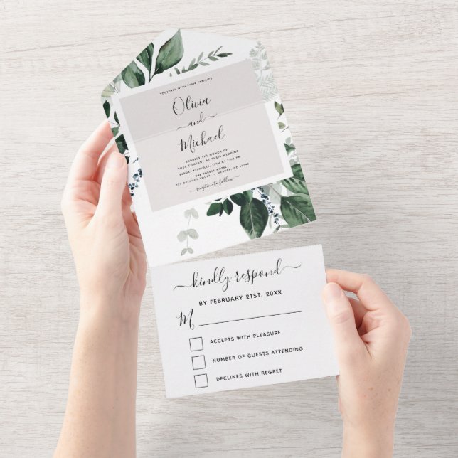 Emerald Green Eucalyptus Greenery Wedding RSVP All In One Invitation (Tearaway)
