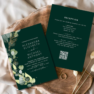 Emerald Green Eucalyptus QR Code Wedding Invitation