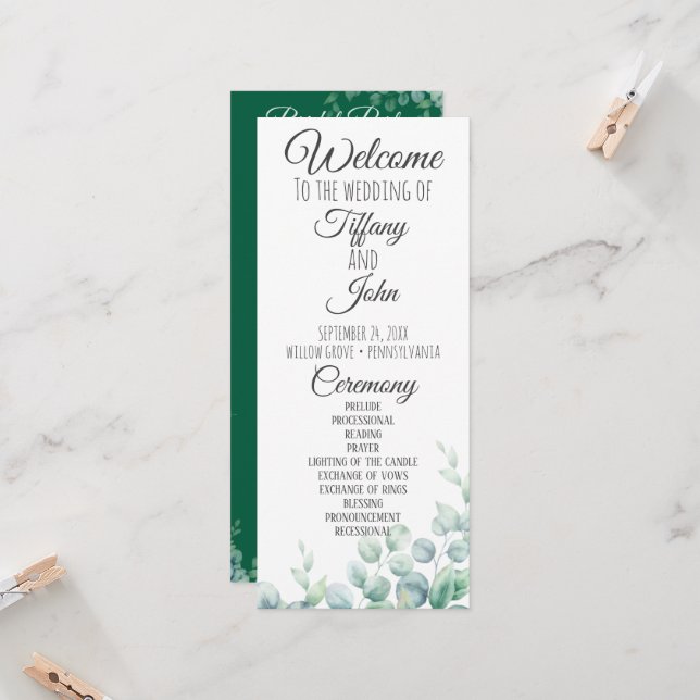 Emerald Green Eucalyptus Wedding Program Invitation (Front/Back In Situ)