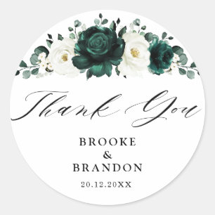 Emerald Green Eucalyptus White  Wedding Thank you Classic Round Sticker