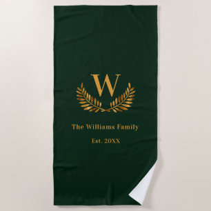 Emerald green family monogram laurels beach towel