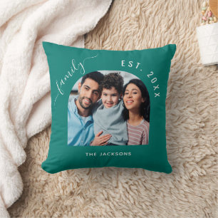 Emerald green family photo name year cushion