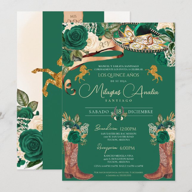 Emerald Green Fancy Mariachi Charro Quinceanera Invitation (Front/Back)