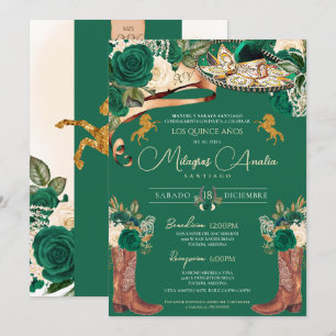 Emerald Green Fancy Mariachi Charro Quinceanera Invitation
