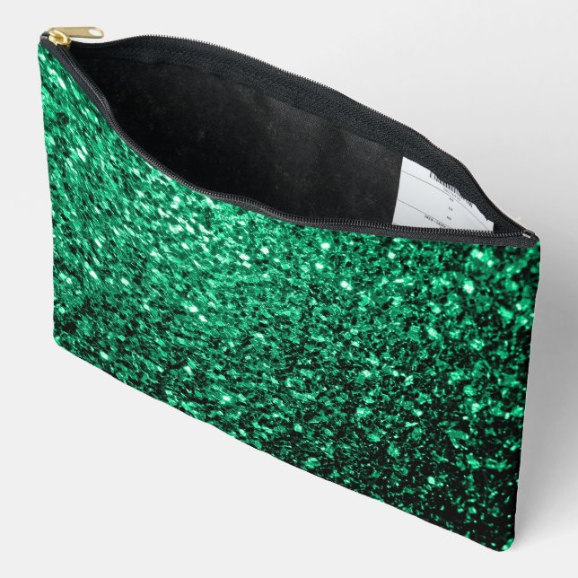 Emerald green faux glitter sparkles accessory pouch (Open)