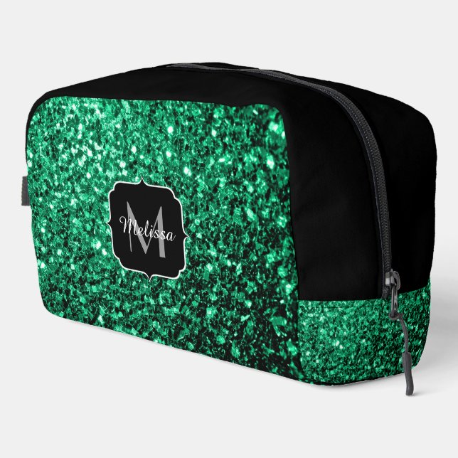 Emerald green faux glitter sparkles black Monogram Dopp Kit (Right Corner)