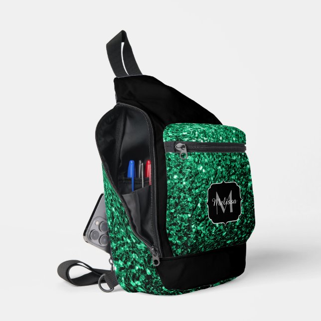 Emerald green faux glitter sparkles Black Monogram Sling Bag (Open)