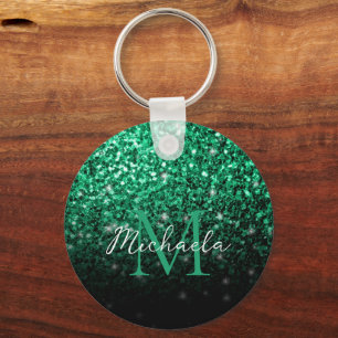Emerald Green faux glitter sparkles bling Monogram Key Ring