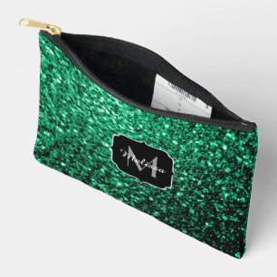 Emerald green faux glitter sparkles Monogram Accessory Pouch