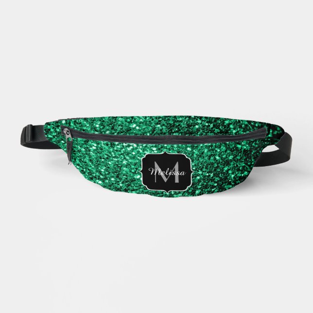 Emerald green faux glitter sparkles Monogram Bum Bags (Front)