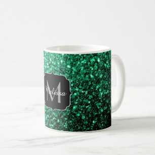 Emerald Green faux glitter sparkles Monogram Coffee Mug