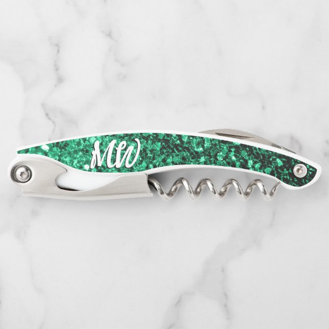 Emerald green faux glitter sparkles Monogram Corkscrew (Front)