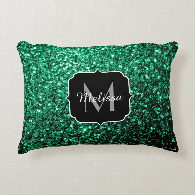 Emerald Green faux glitter sparkles Monogram Decorative Cushion (Front)