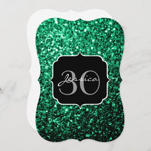 Emerald Green faux glitter sparkles Monogram Invitation (Front/Back)