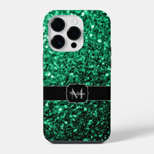 Emerald Green faux glitter sparkles Monogram iPhone 14 Pro Case