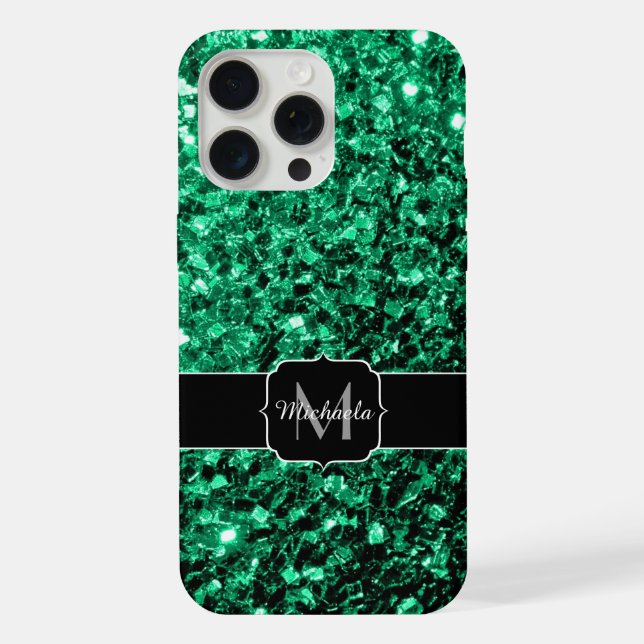 Emerald green faux glitter sparkles Monogram iPhone Case (Back)