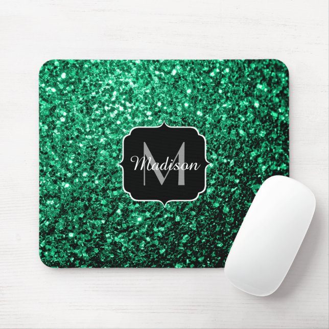 Emerald Green faux glitter sparkles Monogram Mouse Mat (With Mouse)