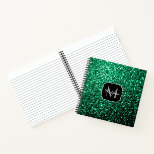 Emerald Green faux glitter sparkles Monogram Notebook