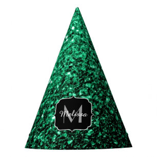 Emerald Green faux glitter sparkles Monogram Party Hat