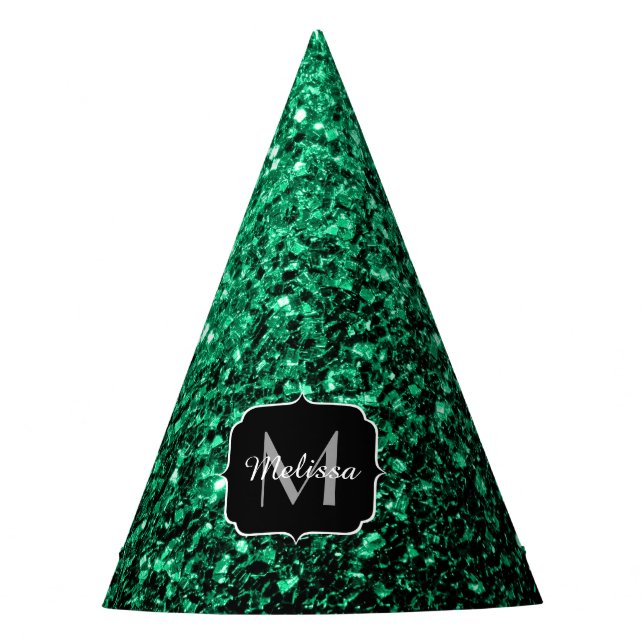 Emerald Green faux glitter sparkles Monogram Party Hat (Front)