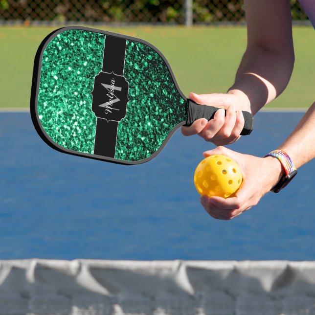 Emerald Green faux glitter sparkles Monogram Pickleball Paddle (Insitu)