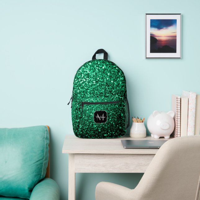 Emerald green faux glitter sparkles Monogram Printed Backpack (Insitu)