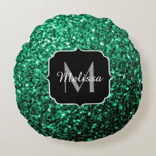 Emerald Green faux glitter sparkles Monogram Round Cushion