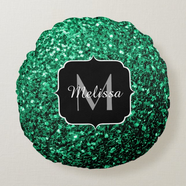Emerald Green faux glitter sparkles Monogram Round Cushion (Front)