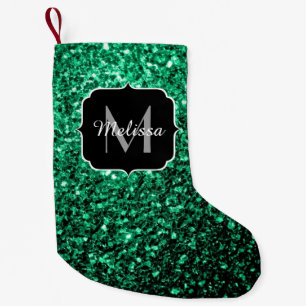 Emerald Green faux glitter sparkles Monogram Small Christmas Stocking