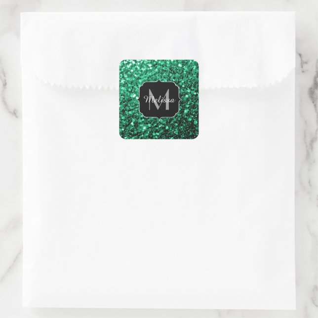 Emerald Green faux glitter sparkles Monogram Square Sticker (Bag)