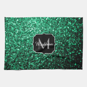 Emerald Green faux glitter sparkles Monogram Tea Towel