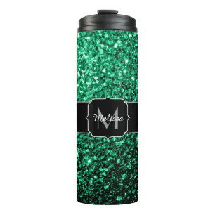 Emerald Green faux glitter sparkles Monogram Thermal Tumbler