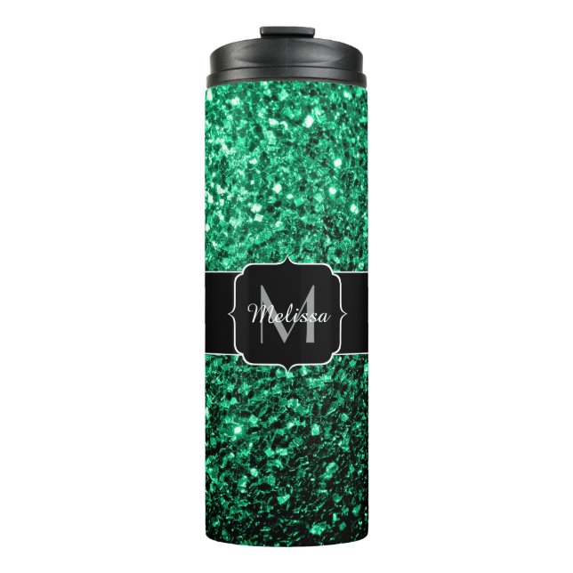 Emerald Green faux glitter sparkles Monogram Thermal Tumbler (Front)