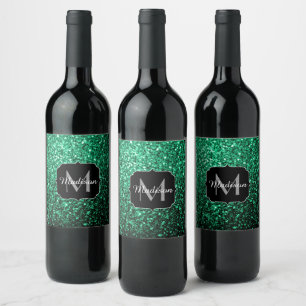 Emerald Green faux glitter sparkles Monogram Wine Label