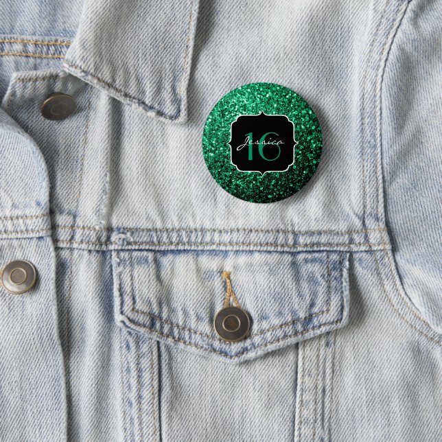 Emerald Green faux glitter sparkles Sweet 16 6 Cm Round Badge (In Situ)