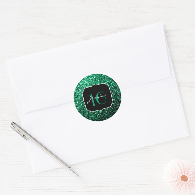 Emerald Green faux glitter sparkles Sweet 16 Classic Round Sticker (Envelope)