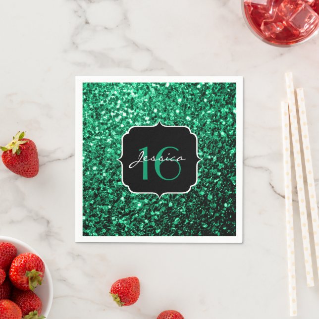 Emerald Green faux glitter sparkles Sweet 16 Napkin (Insitu)