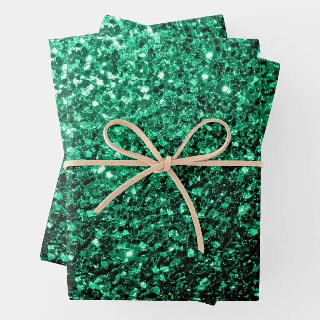Emerald green faux glitter sparkles wrapping paper sheet (In situ)
