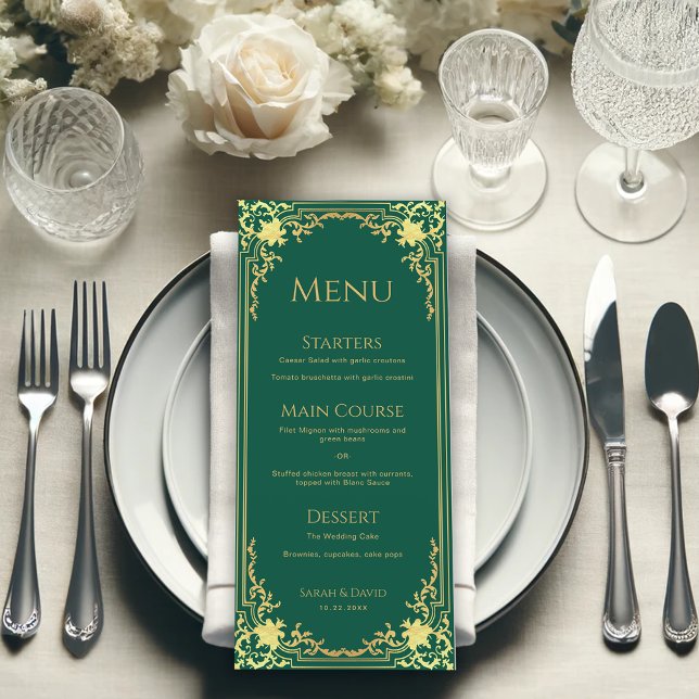  Emerald Green Faux Gold Elegant Vintage Wedding  Menu (Creator Uploaded)