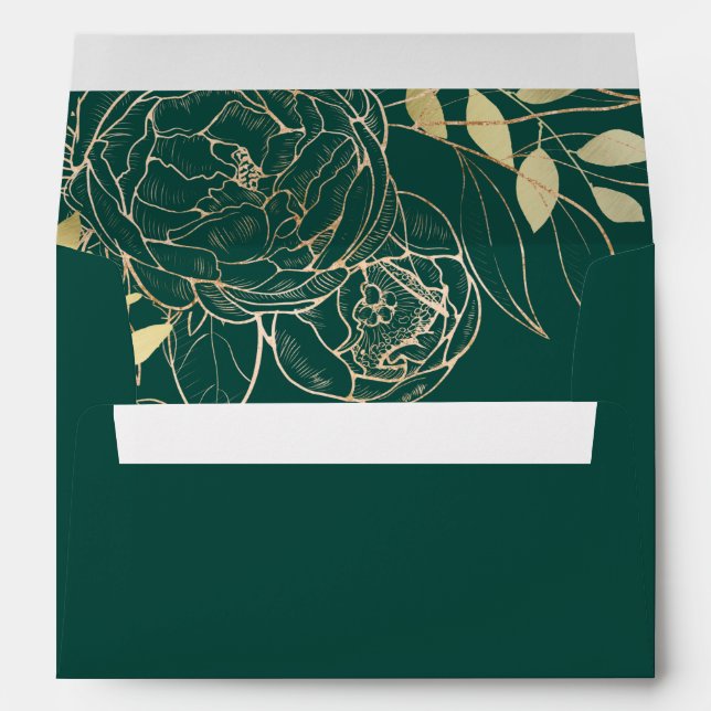 Emerald Green & Faux Gold Modern Floral Wedding Envelope (Back (Bottom))