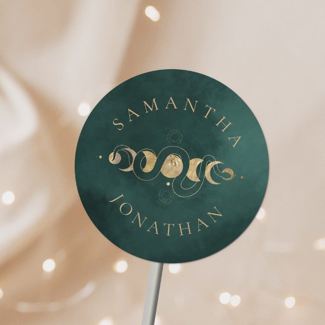 Emerald Green & Faux Gold Tarot Celestial Wedding Classic Round Sticker (Creator Uploaded)