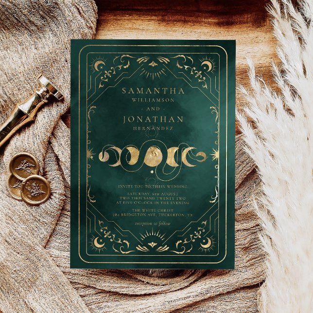 Emerald Green & Faux Gold Tarot Celestial Wedding Invitation (Creator Uploaded)