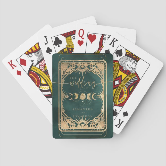 Emerald Green & Faux Gold Tarot Celestial Wedding Playing Cards (Back)